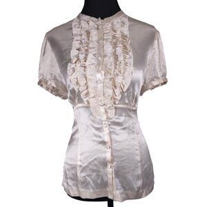 VTG Top Women M Beige Silk Ruffle Blouse Coquette Office Siren 90s Victorian Y2K